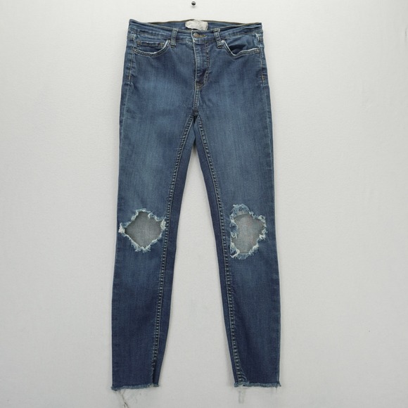 Free People Denim - Free People Distressed Skinny Jeans‎ Blue Medium Wash Knee Rip Raw Hem Size 27